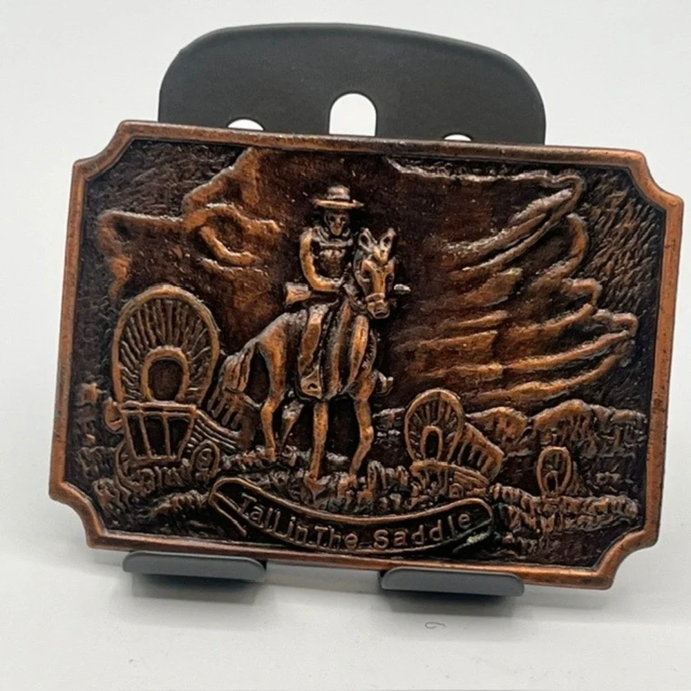 Vintage Tall In The Saddle Cowboy Horse Belt Buckle Copper Tone Western American